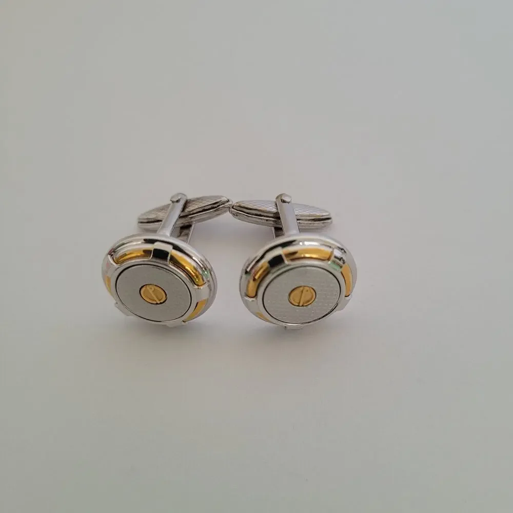 Dunhill Vintage Round Cufflinks Tie Clasp Clip Bar Set Silver Gold Two Tone Box
